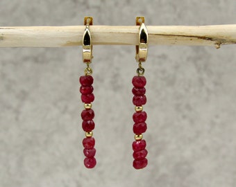 18ky Gold Ruby Dangle Earrings, handmade Rondel Rubies,