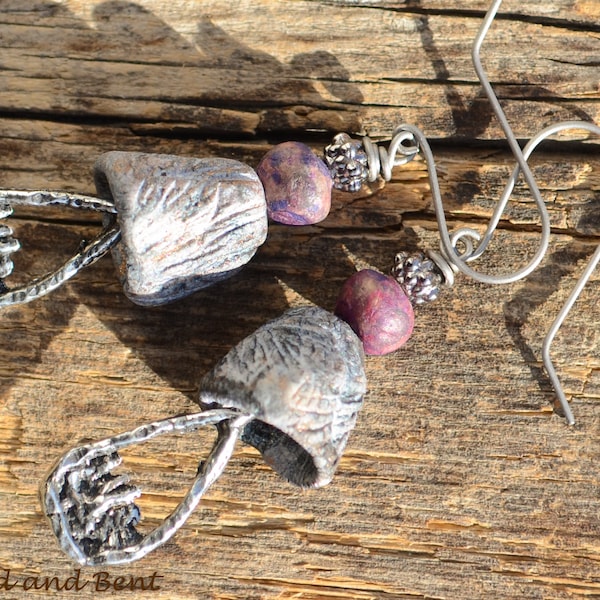 Misty Mushroom Dangles - primitive grey and copper purple dangles with artisan pewter drops, rustic stoneware caps and copper purple beads.