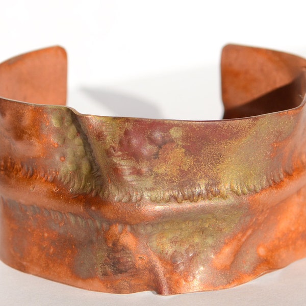 Fold Form Copper Cuff with colourful flame patina - hand forged fold formed copper cuff bracelet with shades of moss green and cranberry,
