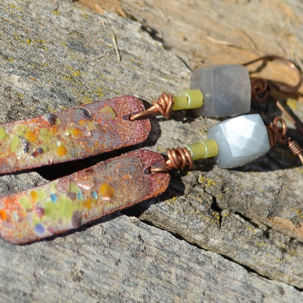 Rustic Enameled Copper Earrings - grey moonstone and kiwi green serpentine with enameled copper components by 4Ophelia