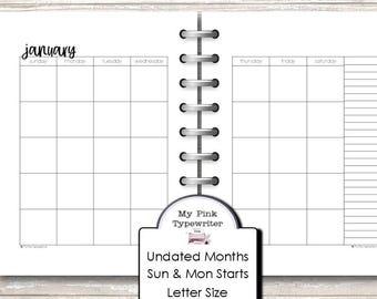 Undated Month Printable Planner Page | Letter Size | Sunday & Monday Start | PDF files