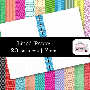 Può includere: Un set di 20 disegni di carta rigata stampabili con diversi motivi. La carta è rigata da 7 mm e presenta una varietà di colori e motivi, tra cui motivi geometrici, floreali e astratti.