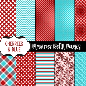 Könnte beinhalten: Planer-Nachfüllseiten mit verschiedenen Mustern in Rot, Weiß und Türkis. Designs umfassen Punkte, Zickzack, Karomuster, Sterne, Streifen und geometrische Formen. Der Text "Cherries & Blue" und "Planner Refill Pages" ist ebenfalls sichtbar.