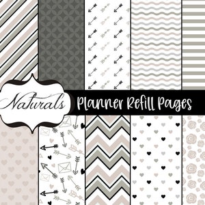 Może przedstawiać: Zestaw 10 drukowanych stron uzupełniających do planera z różnymi wzorami w kolorze czarnym, białym i szarym. Wzory obejmują paski, kropki, strzałki, fale, serca i róże. Tekst "Naturals Planner Refill Pages" znajduje się w górnej części obrazu.