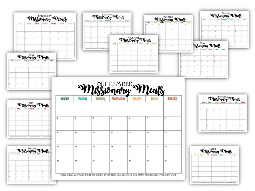 Missionary Meals Calendar Sign up 2024, 2025, 2026 Monthly Calendars