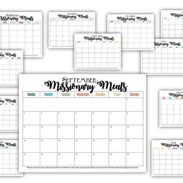 Missionary Meals Calendar Sign Up - 2024, 2025, 2026 Monthly Calendars