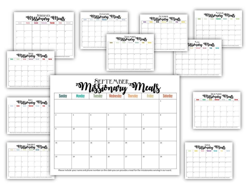 Missionary Meals Calendar Sign Up 2024, 2025, 2026 Monthly Calendars image 1