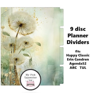 Könnte beinhalten: Neun-Scheiben-Planer-Teiler mit einem Pusteblumen-Design. Die Teiler haben einen Aquarellhintergrund mit einer Pusteblumen-Illustration und dem Text "9 disc Planner Dividers" und "fits Happy Classic Erin Condren Agenda52 ARC TUL".