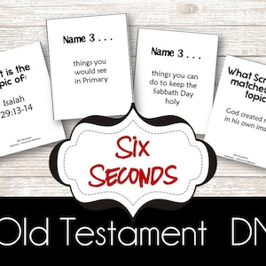 Peut inclure: Quatre cartes blanches avec du texte, dont "Quel est le sujet de : Ésaïe 29:13-14" et "Nommez 3... choses que vous verriez à l'école primaire." Une étiquette noire et blanche indique "Six SECONDES." Les mots "Ancien Testament DM" sont en bas.
