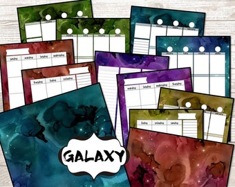 Könnte beinhalten: Ein Satz druckbarer Wochenplaner-Seiten zum Thema Galaxie. Die Seiten zeigen einen Aquarell-Galaxie-Hintergrund mit Sternen und einem weißen Raster zum Schreiben.