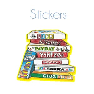 May include: A stack of colorful board game stickers featuring the names "Life", "Scrabble", "Payday", "Yahtzee", "Monopoly", "Sorry!" and "Clue".