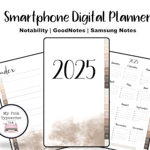 May include: A digital planner for 2025 with a brown watercolour background. The planner includes a monthly calendar, an index, and a section for notes. The planner is compatible with Notability, GoodNotes, and Samsung Notes.