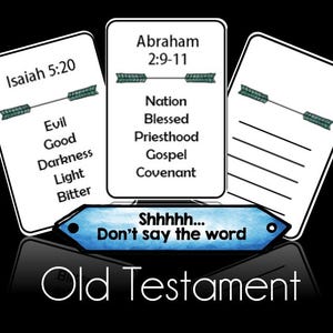 Peut inclure: Graphique avec texte de l'Ancien Testament. Trois cartes blanches avec texte et flèches sont disposées sur fond noir. Les cartes contiennent des mots comme « Mal », « Bien », « Nation » et « Béni ». Une bannière bleue indique « Chut... Ne dites pas le mot ». Les mots « Ancien Testament » sont en bas.