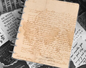 Może przedstawiać: Zbliżenie na vintage'owy notes z ręcznie pisanym listem na jednej ze stron. List jest datowany na 24 marca i napisany kursywą. Notes jest otoczony różnymi inspirującymi cytatami i obrazami.