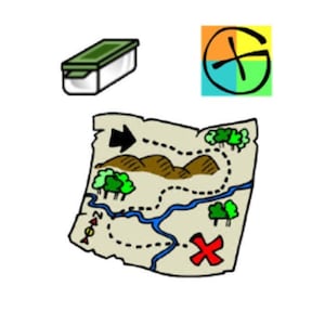 May include: A hand-drawn map with a blue river, green trees, brown hills, and a red X marking the spot. The map is on a white background with a green and white container and a colourful compass symbol.