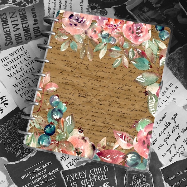 Big Happy Planner Cover | Antique Shabby Chic Country Ephemera Floral Script Writing