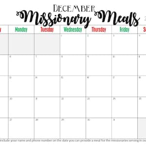 Missionary Meals Calendar Sign Up 2024, 2025, 2026 Monthly Calendars image 3