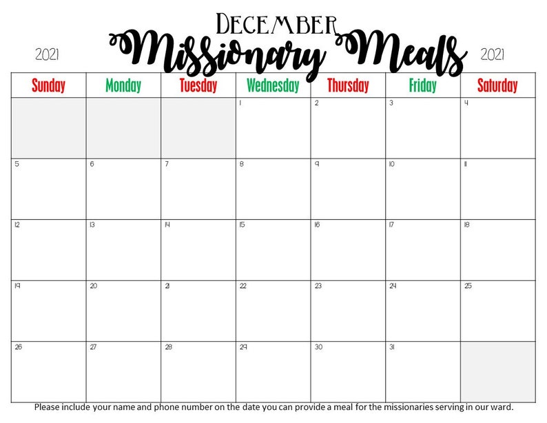 Missionary Meals Calendar Sign Up 2024, 2025, 2026 Monthly Calendars image 3