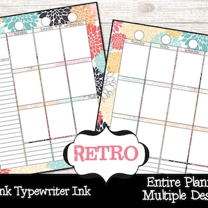May include: A printable weekly planner with a floral design in shades of pink, yellow, blue, and green. The planner is divided into seven days of the week, with space for writing appointments and tasks. The text "Pink Typewriter Ink" and "Entire Planner Multiple Designs" is printed at the bottom of the page.