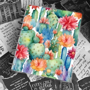 Puede incluir: Un fondo blanco con un diseño de acuarela de cactus y flores en tonos de rosa, naranja, verde y azul. El texto "Every child is gifted" está escrito en negro sobre un fondo de pizarra. El texto "They just unwrap their packages at different times" está escrito debajo del primer texto.