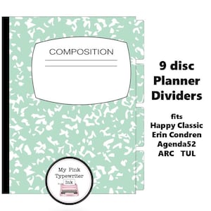 May include: Planner dividers with a mint green and white speckled pattern, resembling a composition notebook. The dividers have a black spine and include the text "COMPOSITION" and "9 disc Planner Dividers". The dividers fit Happy Classic, Erin Condren, Agenda52, and ARC TUL planners.