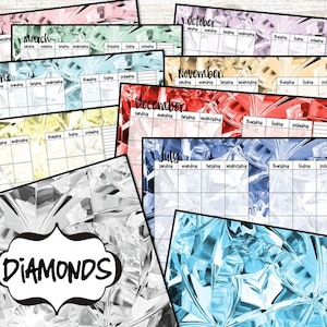 May include: A set of 12 printable calendar pages featuring a diamond pattern in various colors, including pink, green, yellow, red, blue, and gray. Each page has a month title and a grid for days of the week. The word "DIAMONDS" is written in a white oval on a gray background.