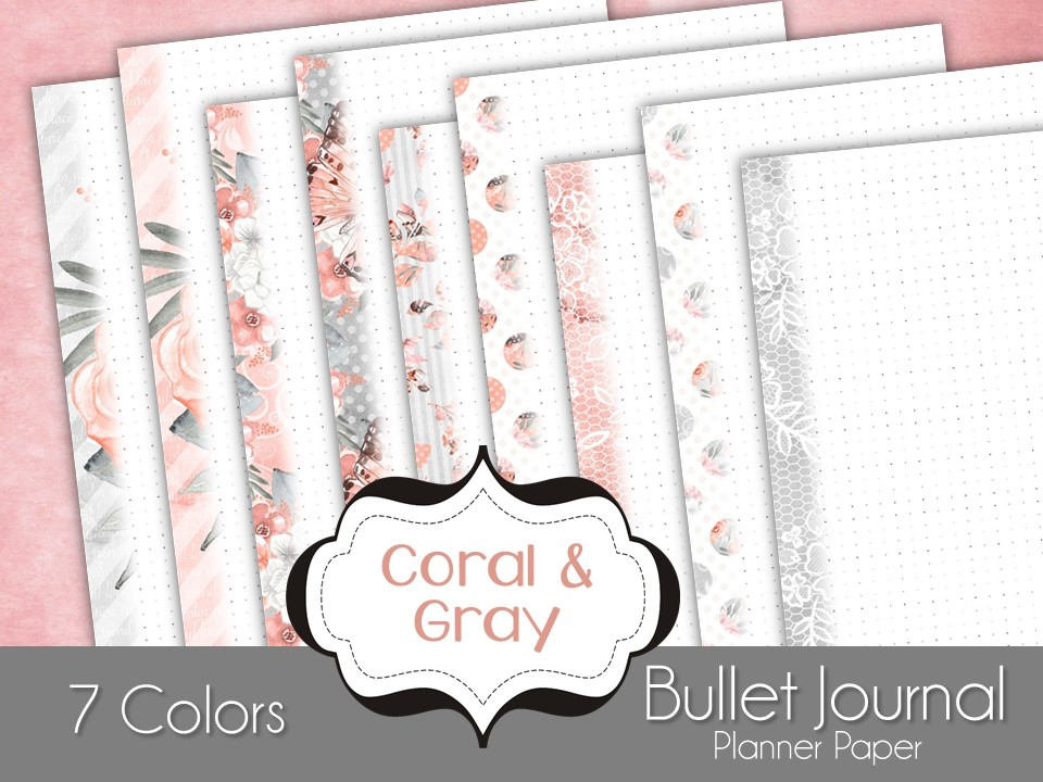 Può includere: Sette fogli di carta per pianificatore di bullet journal con motivi diversi in tonalità corallo e grigio. La carta presenta una varietà di motivi, tra cui fiori, pois e pizzo.