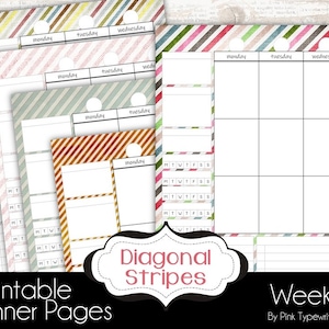 Può includere: Pagine di pianificazione stampabili con strisce diagonali in vari colori. Le pagine includono layout settimanali con spazi per note giornaliere e calendari. Il design presenta una varietà di motivi a strisce e il testo "Printable Planner Pages" e "Weekly".