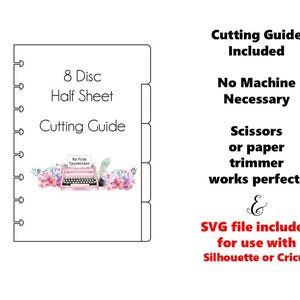 Pode incluir: Um guia de corte branco para uma meia folha de 8 discos, com texto e um gráfico de máquina de escrever rosa. O guia inclui instruções e um arquivo SVG para uso com máquinas Silhouette ou Cricut. Recomenda-se tesoura ou um aparador de papel.