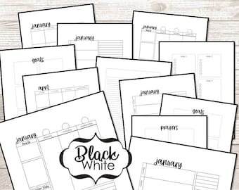 May include: A set of printable planner pages in black and white. The pages include monthly calendars, weekly spreads, goal setting pages, and prayer logs. The pages are labeled with the month "January" and the word "goals".