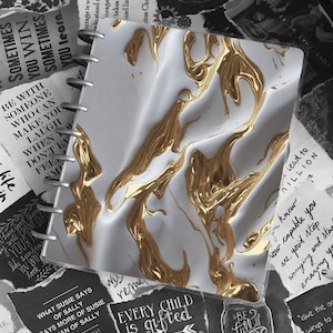 May include: A white and gold marble notebook with a gold spiral binding. The notebook is surrounded by torn pieces of paper with inspirational quotes and text. Some of the text includes "Every child is gifted", "Be full of joy", and "What Susie says of Sally says more of Susie than of Sally".