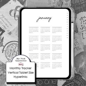May include: A digital tablet displaying a January calendar page with a vertical layout and a stylus attached to the side. A white label in the foreground features the text My Pink Typewriter, Monthly Tracker, Vertical Tablet Size, and Hyperlinks.