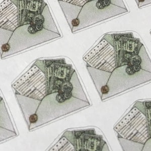 Puede incluir: Una hoja de pegatinas con ilustraciones de sobres con fajos de billetes dentro. Los sobres son verdes y blancos, y los billetes son verdes con la palabra "bills" impresa en ellos.