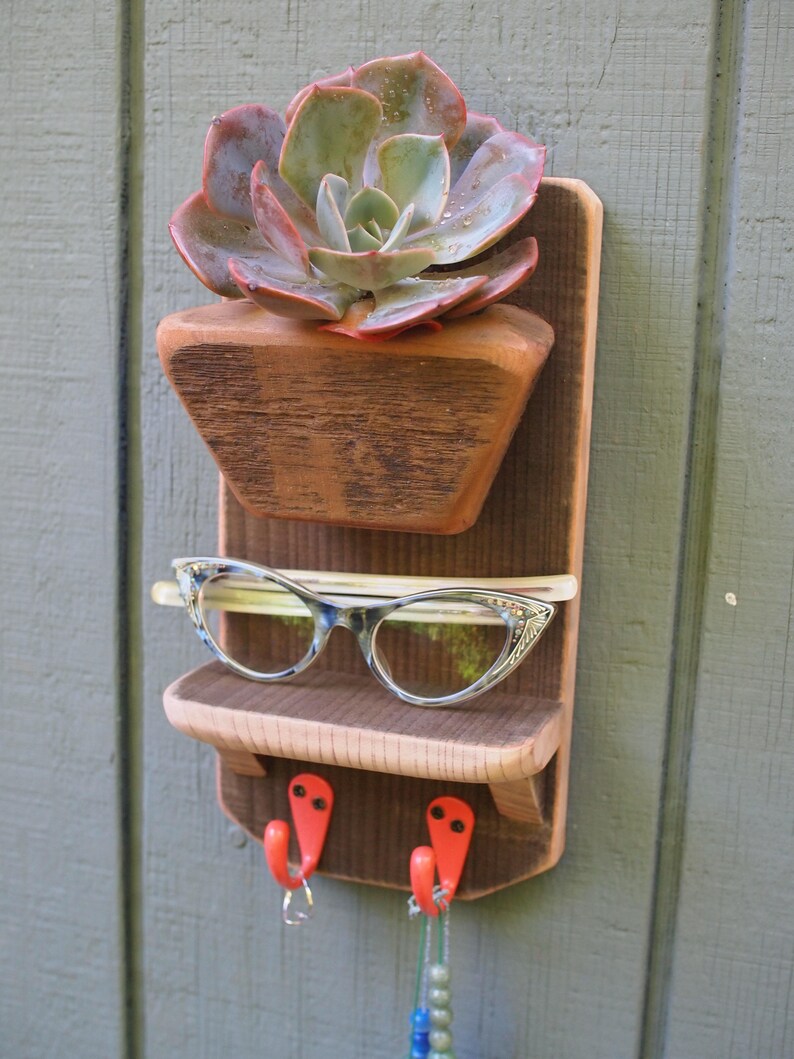 Reclaimed Wood Wall Hanging Planter With Coral Hooks Smaller Etsy