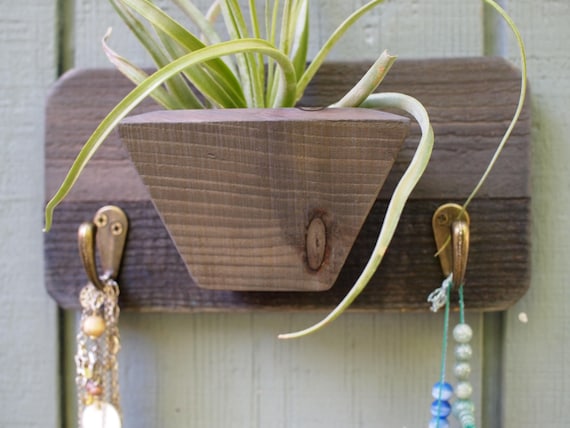 hook- smaller size for succulents or airplants Beach decor Vertical garden Wall decor Reclaimed wood wall hanging planter with shelf