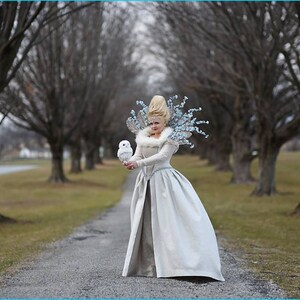 May include: A person in a long, light-coloured gown and elaborate headpiece holds a small white owl. They stand on a gravel path lined with bare trees. The scene evokes a winter or fantasy theme.