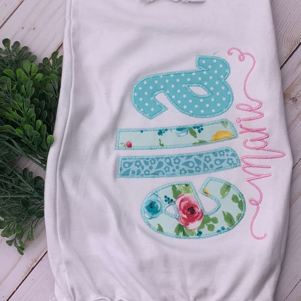 Personalized baby girl newborn gown; aqua baby girl gown with applique name; baby gift; take home outfit; newborn pictures; baby shower gift