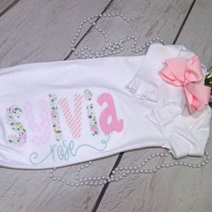 Personalized baby girl newborn gown;  baby girl gown with applique name; baby gift; take home outfit; newborn pictures; baby shower gift