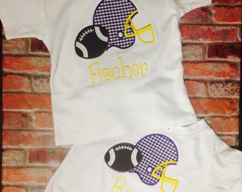 Baby boy and toddler shirt; LSU Tigers football tailgate and game day shirt; appliqued football and helmet; LSU game day; Personalized free