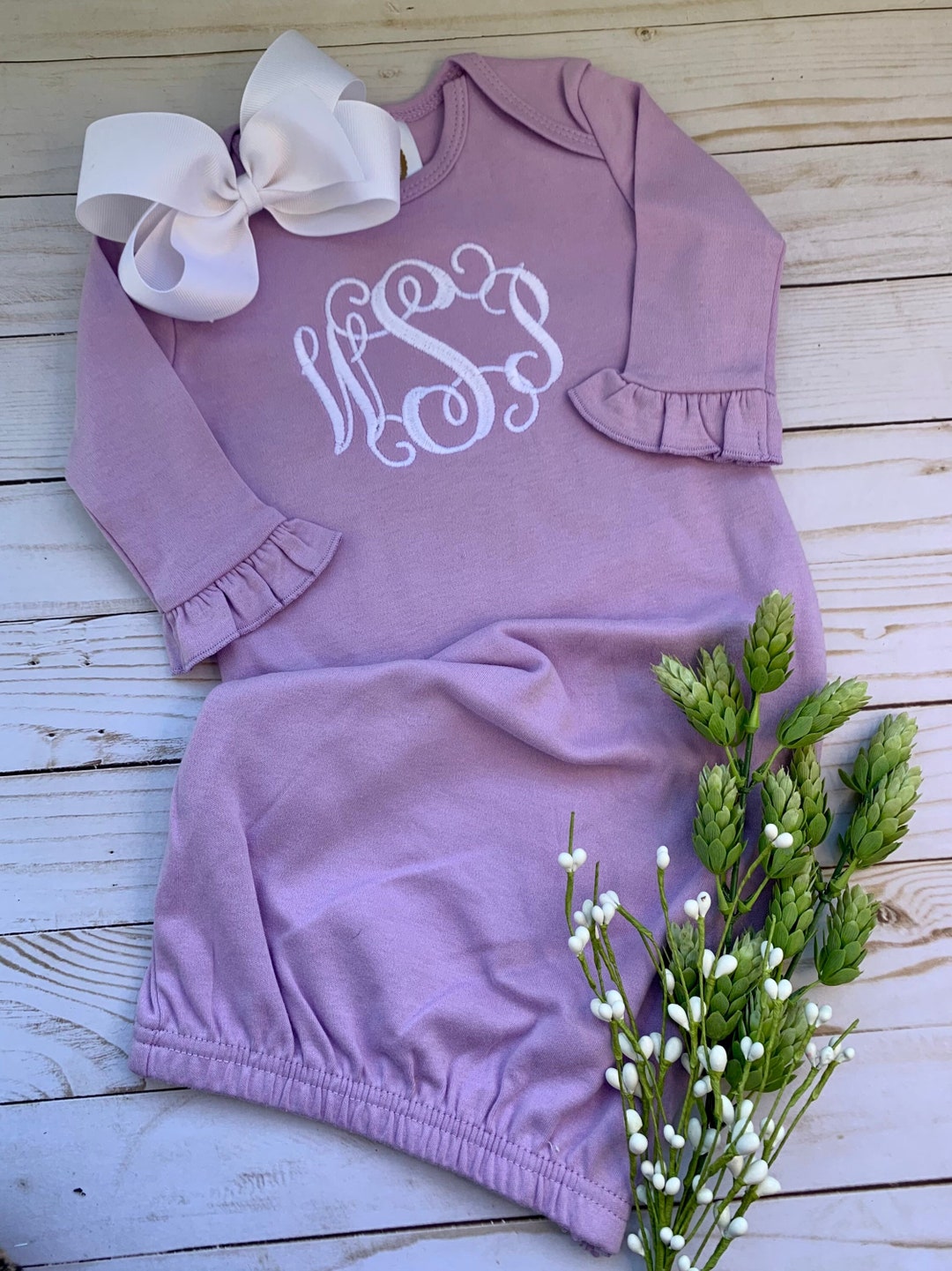 Monogrammed Baby Girl Newborn Gown Purple Baby Girl Gown Baby Gift Take