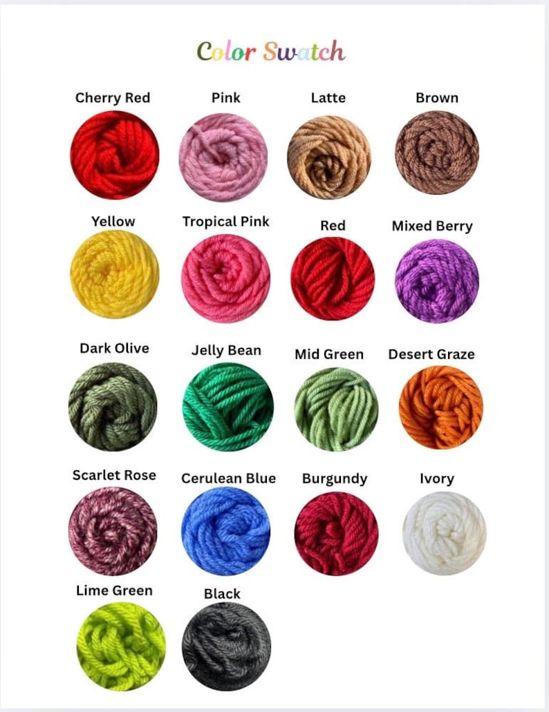 May include: A colour swatch chart displaying a range of yarn colours. The chart includes swatches of Cherry Red, Pink, Latte, Brown, Yellow, Tropical Pink, Red, Mixed Berry, Dark Olive, Jelly Bean, Mid Green, Desert Graze, Scarlet Rose, Cerulean Blue, Burgundy, Ivory, Lime Green, and Black.