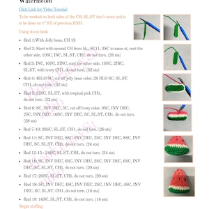 May include: Crochet pattern instructions for a watermelon slice. The text includes detailed steps using a 4mm hook, with abbreviations like SC, INV DEC, and SL.ST. The pattern is for a small, handmade watermelon.