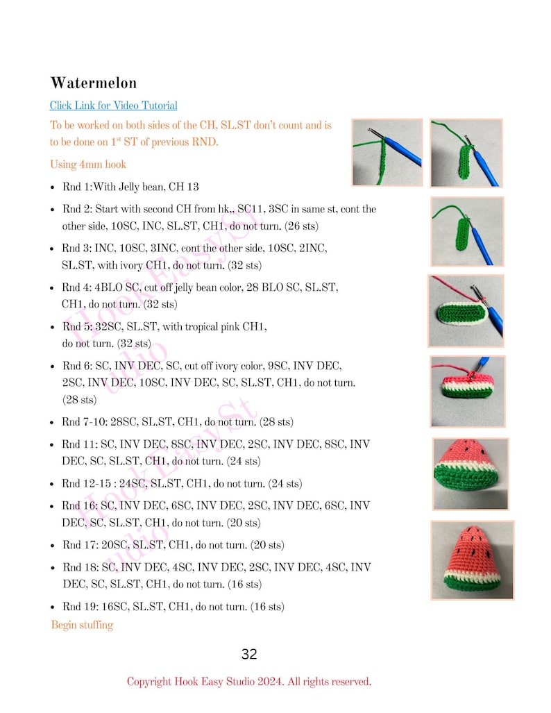 May include: Crochet pattern instructions for a watermelon slice. The text includes detailed steps using a 4mm hook, with abbreviations like SC, INV DEC, and SL.ST. The pattern is for a small, handmade watermelon.