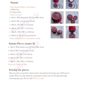 May include: A crochet pattern page detailing how to make a salami. The instructions are accompanied by diagrams and include a list of materials and step-by-step guidance. The salami is crafted using burgundy and scarlet rose yarn.