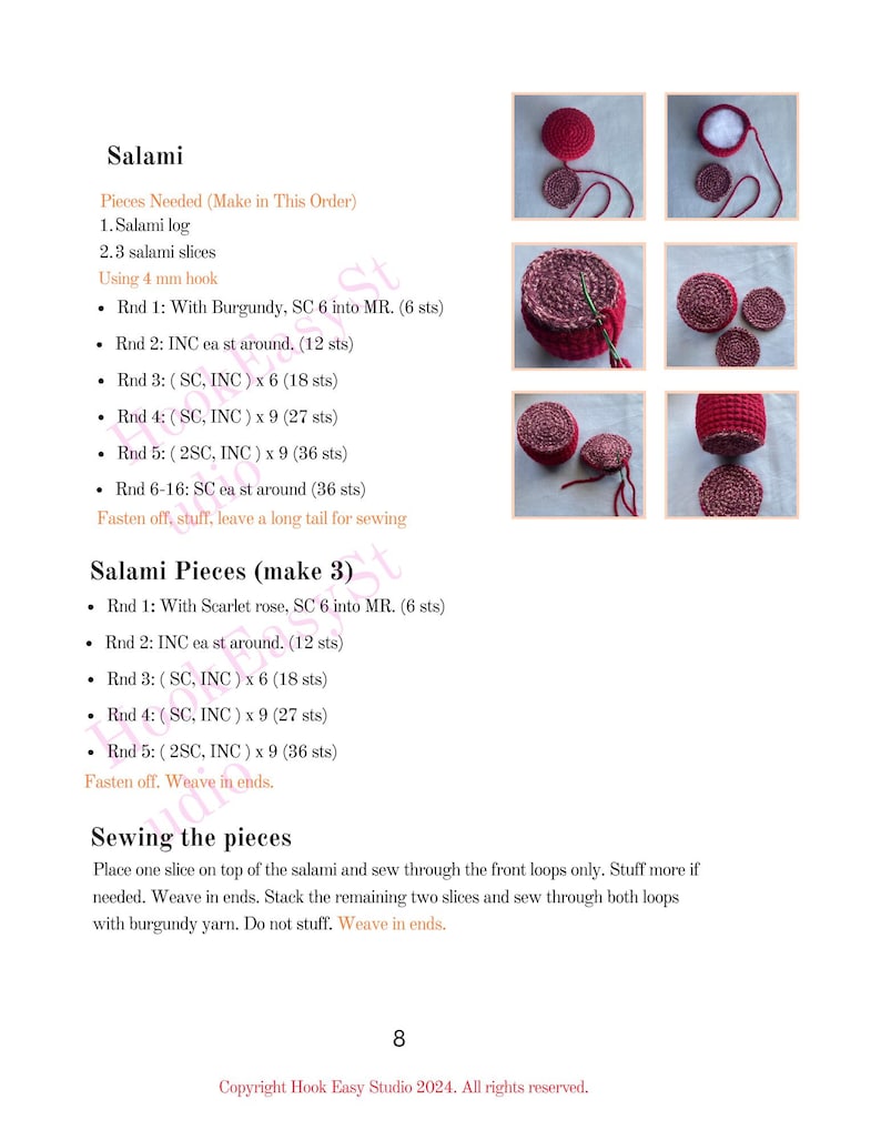 May include: A crochet pattern page detailing how to make a salami. The instructions are accompanied by diagrams and include a list of materials and step-by-step guidance. The salami is crafted using burgundy and scarlet rose yarn.