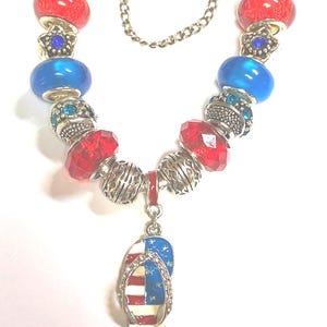 Patriotic Themed Red, White, and Blue European Rope Bracelet, Attractive Charms and Accent Beads, with Snap-lock Closure and Safety Chain