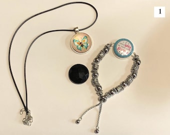 SET Interchangeable Magnetic Charms on 24 Leather Cord Necklace and Adjustable Lariat Style Beaded Bracelet Includes 3 Charms