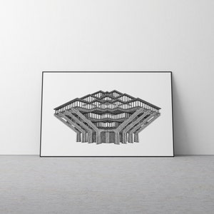 May include: A black and white line drawing of a modern building with a unique, geometric design. The building has multiple levels and appears to be supported by a series of pillars.