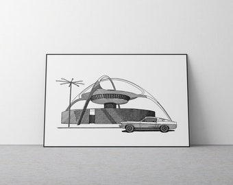 Art PRINT | LAX Theme Building| Architectural Drawing | Mid-century Modern Architecture | Pen Art | Illustration