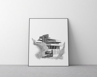 Art PRINT | Fallingwater | Architectural Drawing | Modern Architecture | Pen Art l Frank Lloyd Wright | Architecture Illustration